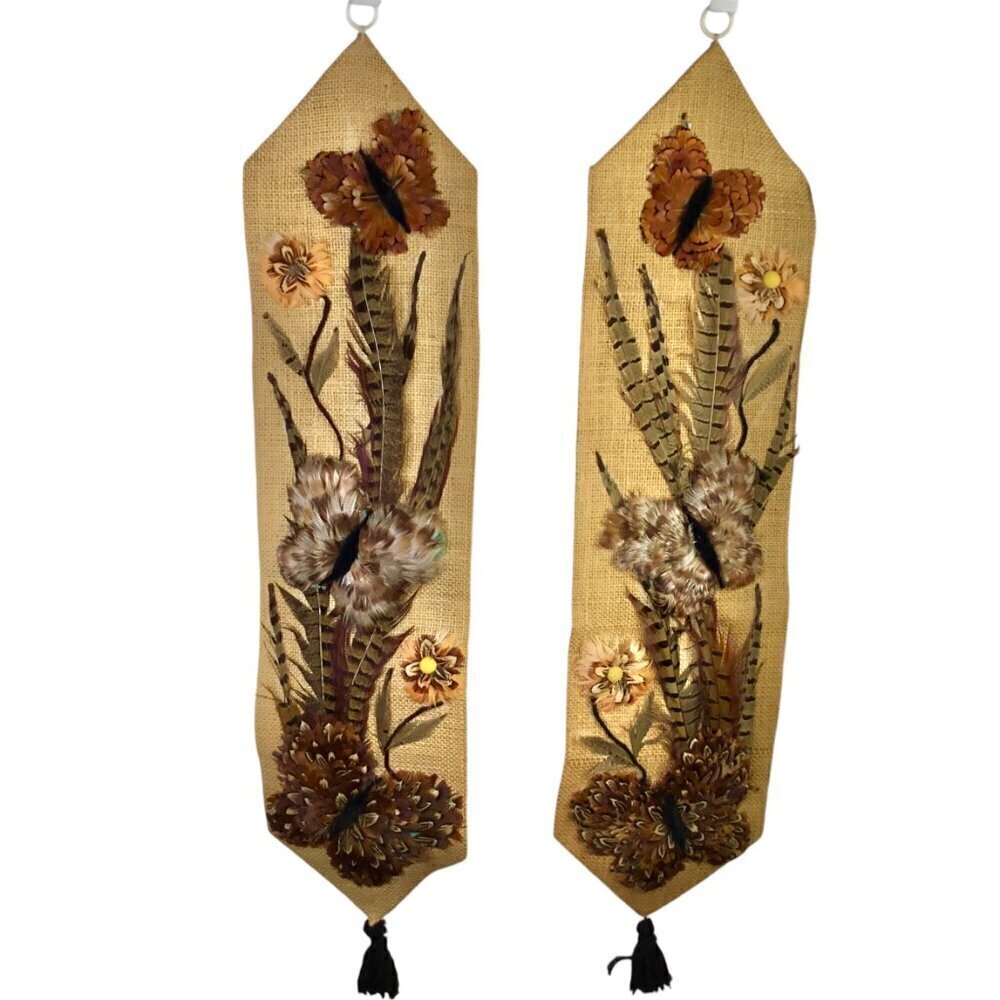 Vtg 3D Folk Art Feather Craft Art Burlap Wall Hanging Bell Pull Butterfly OOAK - Picture 2 of 12